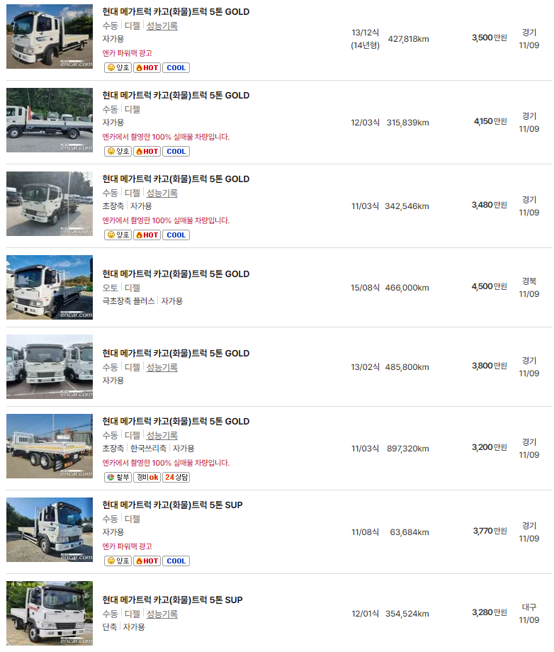 2011~2015년식 5톤 트럭 중고차 가격