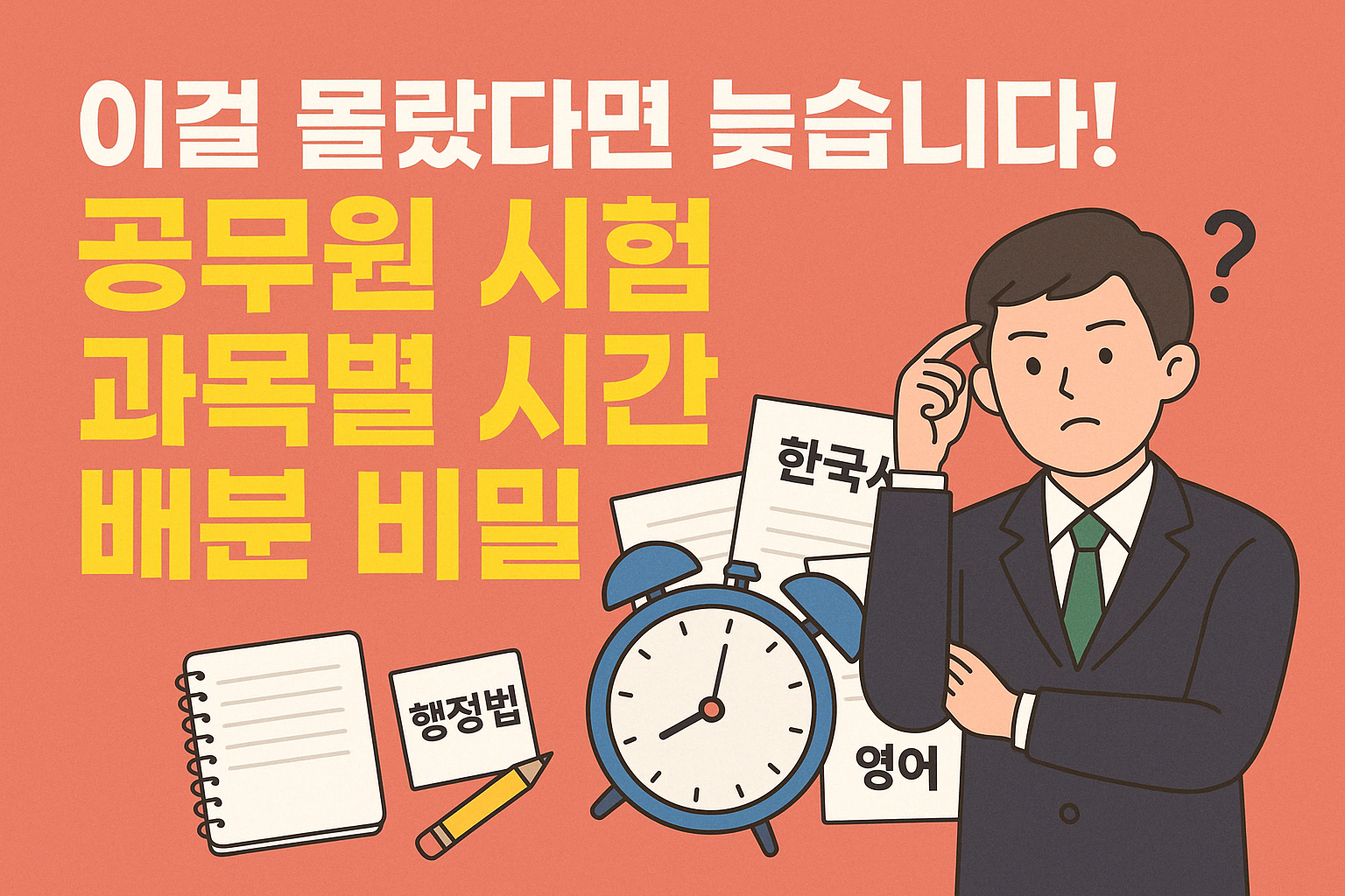 이걸-몰랐다면-늦습니다!-공무원-시험-과목별-시간-배분-비밀-일러스트,-정장을-입은-남성이-고민하는-표정으로-시계를-바라보며-한국사,-영어,-행정법-시험지를-들고-있는-장면,-공부-노트와-연필도-함께-배치된-공무원-시험-시간관리-컨셉-삽화