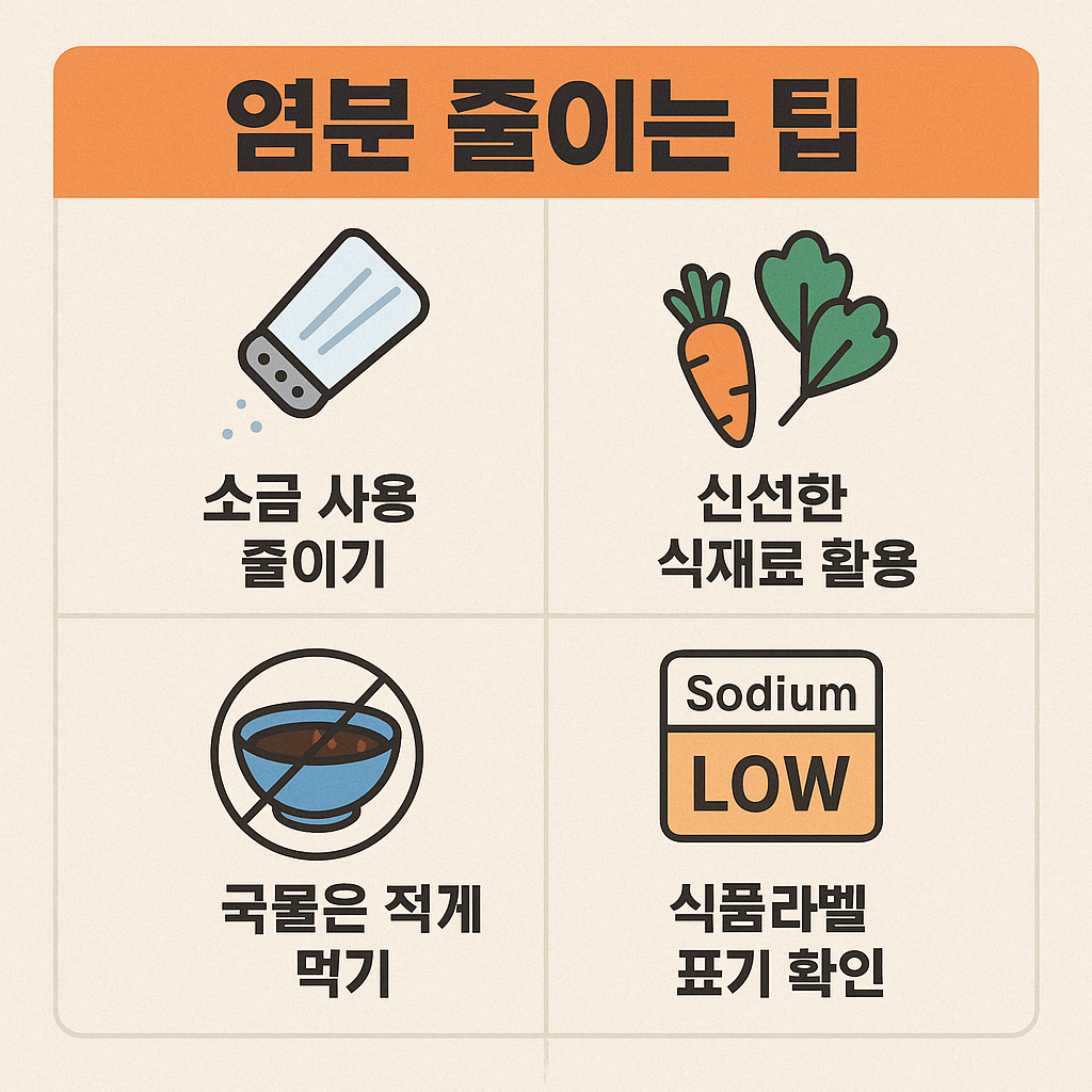 염분 줄이는 팁이 정리된 시각 자료 인포그래픽