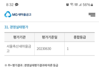 23년 6월 기준 서울축산 새마을금고 경영실태평가 결과. 1등급