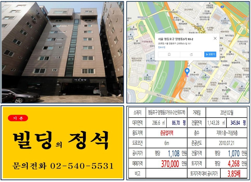  [영등포구 30억 꼬마빌딩 실거래가 조회] 양평동3가 93-2 (선유도역) 37억 원, 평당 4,268만 원 매매되었습니다. 이대목동병원, 선유