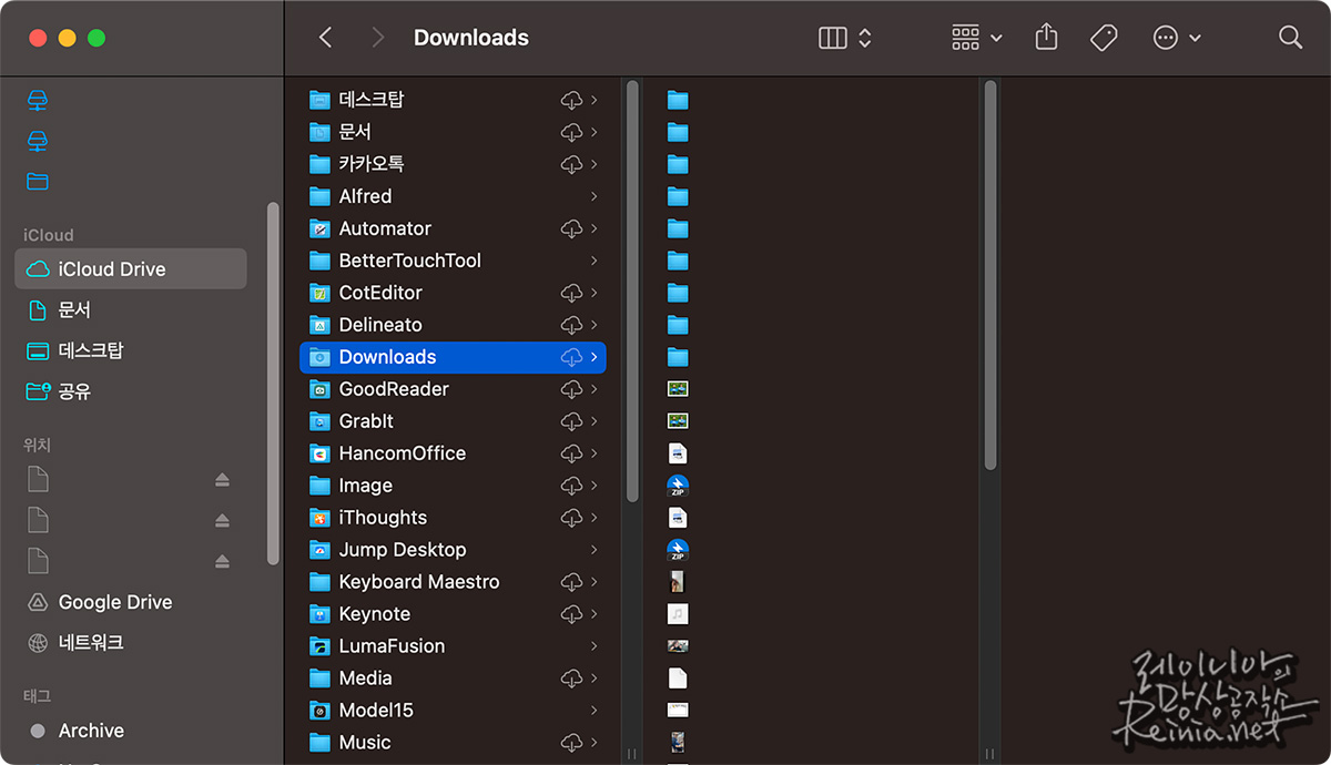 iCloud Drive 내 Downloads 폴더를 생성했습니다. 파일 이동도 마친 모습