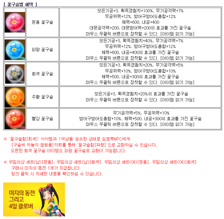 꽃구슬별 혜택과 미지의 동전 지급