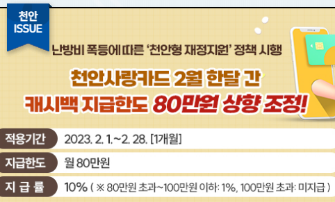 천안사랑카드 2월 한 달간 80만 원까지 캐시백