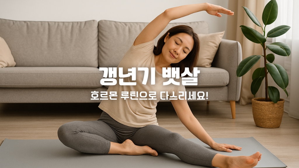 복부비만이 걱정돼 스트레칭하는 40대 여성의 거실 모습