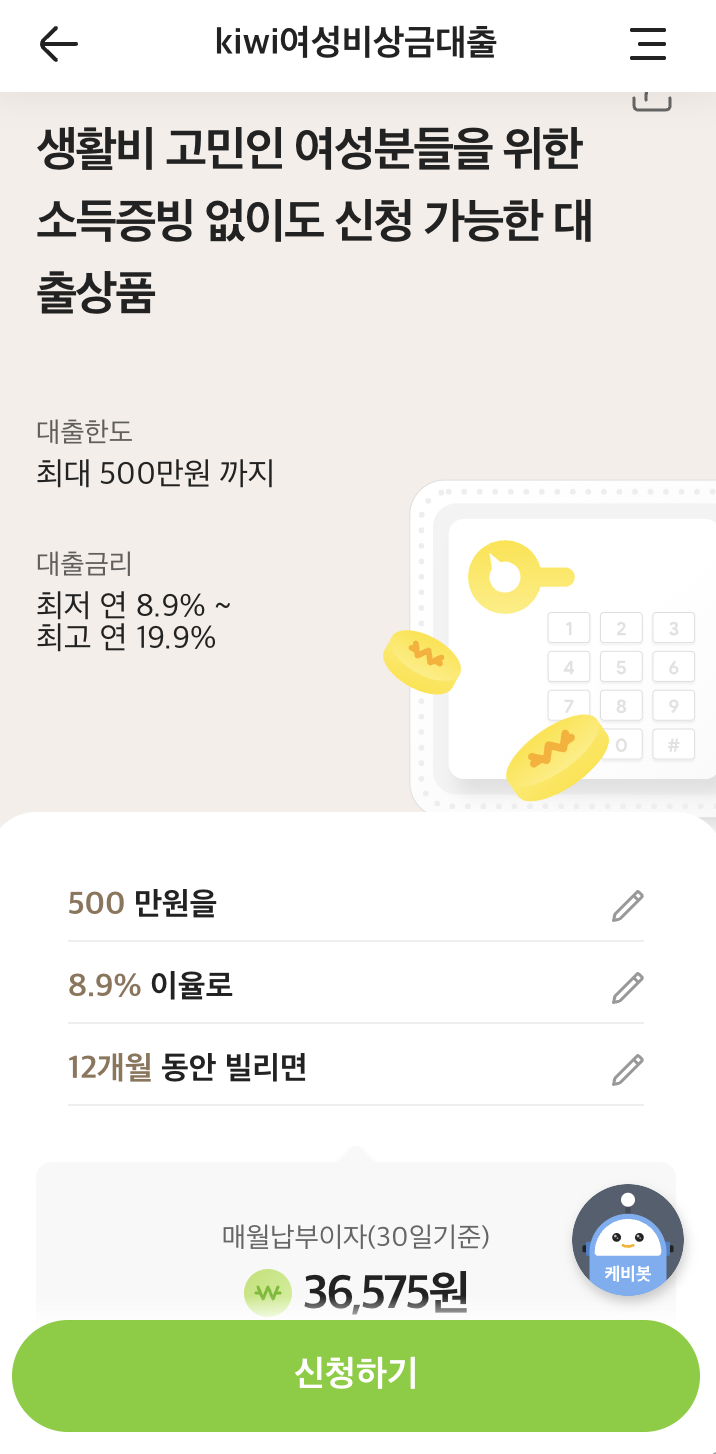 주부소액대출 kiwi 여성 비상금대출 조건 금리 한도 후기 부결 시 대안1