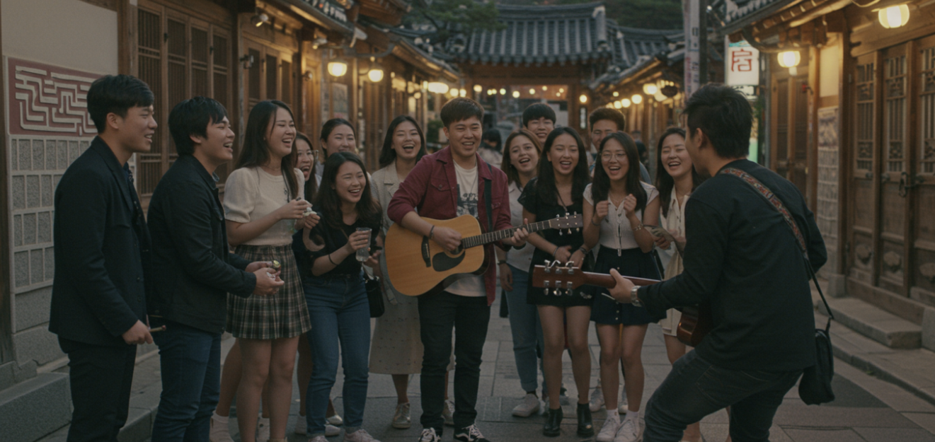 사람들이 길거리 공연을 보는 이미지