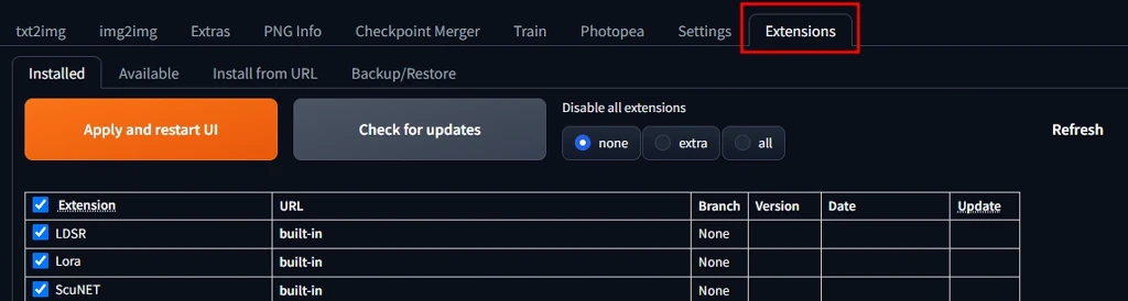 Extensions 확장 기능 페이지