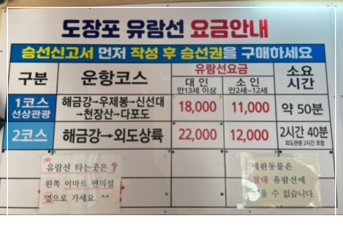 유람선요금안내표