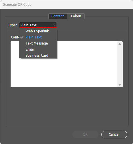 indesign-generate-QR-code-content-type-plain-text-select