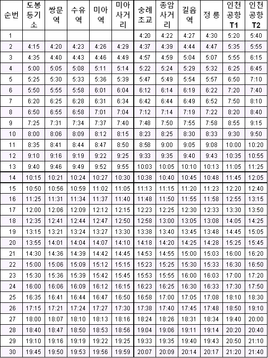 6102 인천공항 버스 시간표 - 공항행