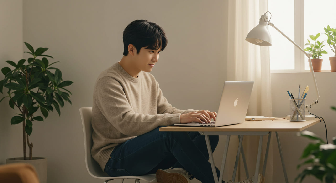 자가 노트북으로 전입신고를 하며 생각하는 모습&quot;