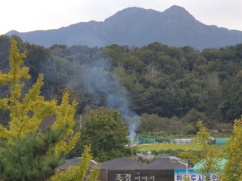  집에 타는 냄새가 ...송정동 금오산 쪽 주말농장 불...