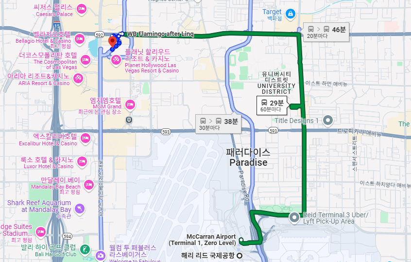 해리리드공항에서 메인스트립 버스타고 가는 경로