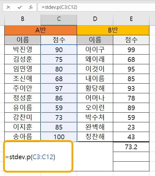 엑셀 모집단 표준편차를 구하기 위한 STDEV.P 함수를 입력한 모습