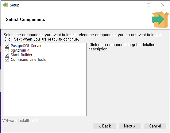설치한 구성 요소 선택 후 Next 클릭- PostgreSQL 설치