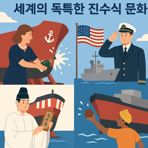 세계 각국의 진수식 장면을 담은 그림: 샴페인을 깨뜨리는 여성, 미국 해군과 전함, 한국 전통 제례 복장의 인물, 코코넛을 던지는 동남아 남성