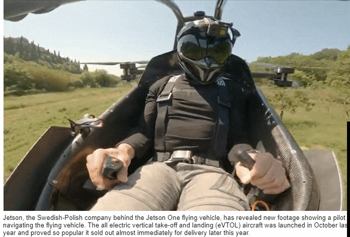누구나 비행할 수 있게 만들어진 &#39;젯슨 원&#39; 비행 차량 VIDEO: Pilot navigates flying vehicle &#39;Jetson One&#39; designed for anyone to fly