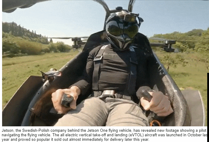  누구나 비행할 수 있게 만들어진 '젯슨 원' 비행 차량 VIDEO: Pilot navigates flying vehicle 'Jetson One' designed for anyone to fly