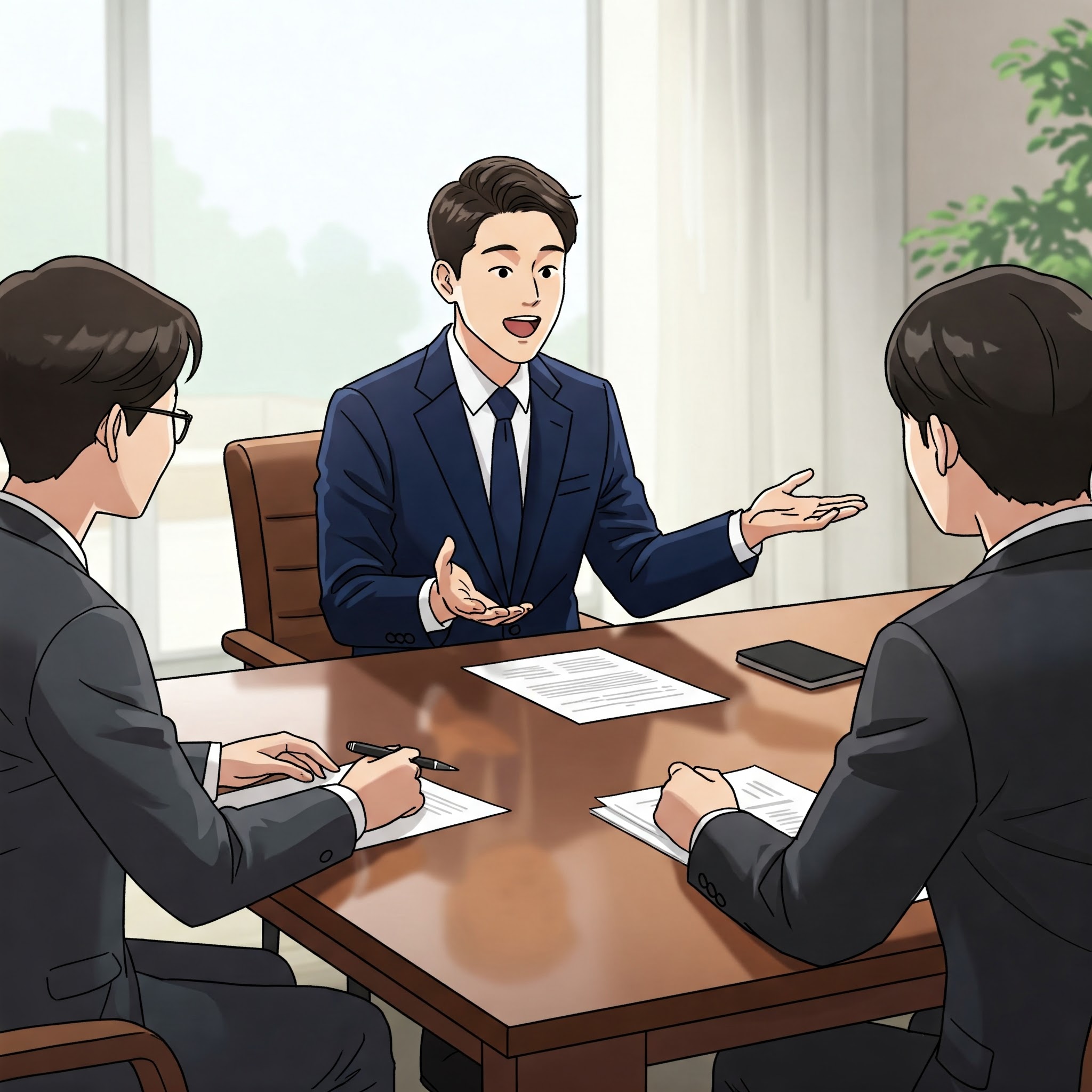 다대다 면접 하는 후보자 이미지