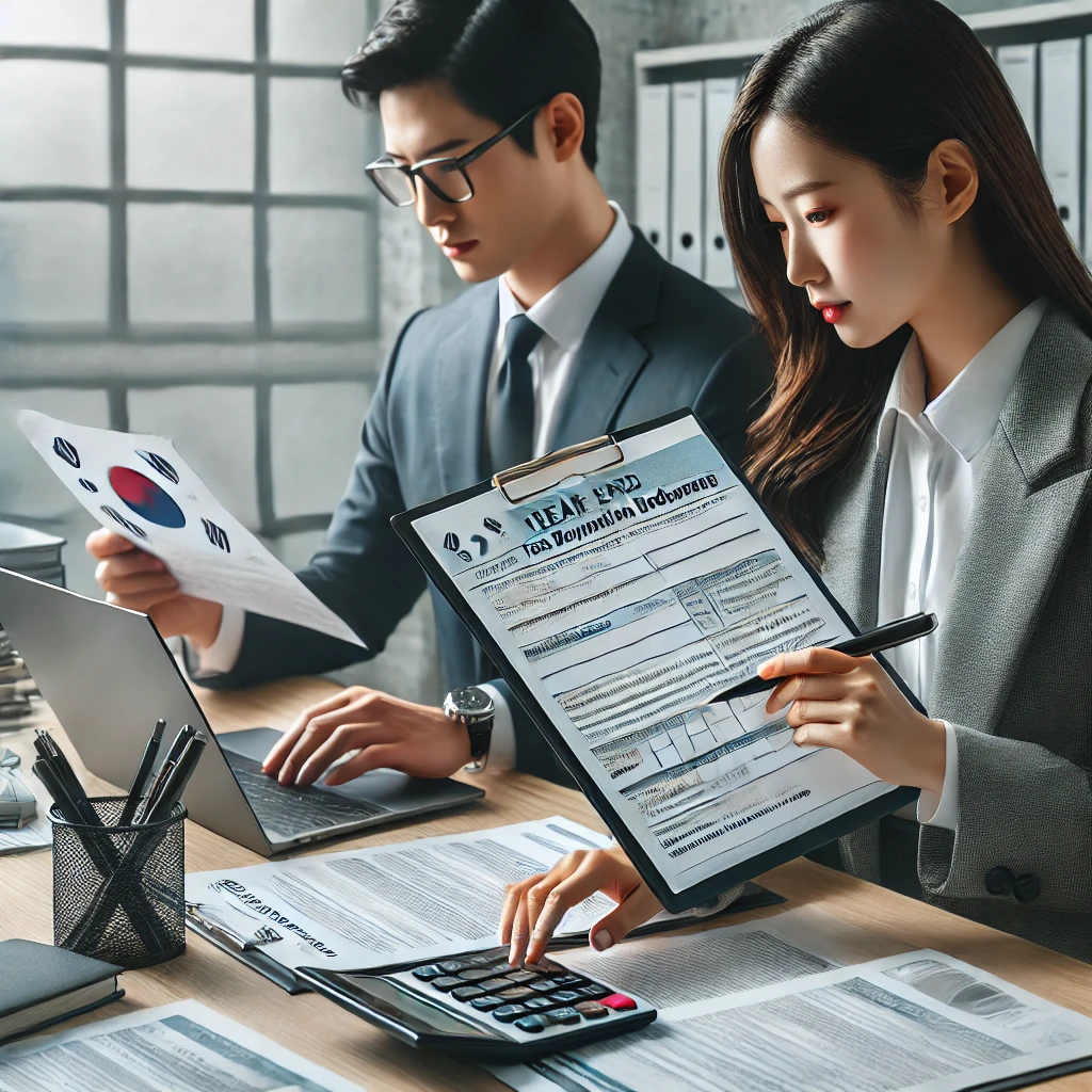 세금 공제 서류를 검토하는 정장 차림의 한국 부부