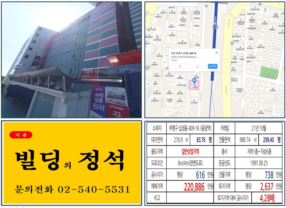  [부평구 일반상업지역 20억 임대수익용 빌딩 실거래가 조회] 십정동 409-16 (동암역) 22억 886만 원, 평당 2,637만 원 매매되었습니다.