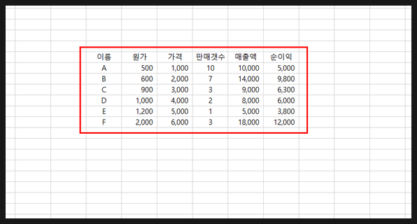 테두리, 색칠 엑셀표 작성 1단 층, 10
