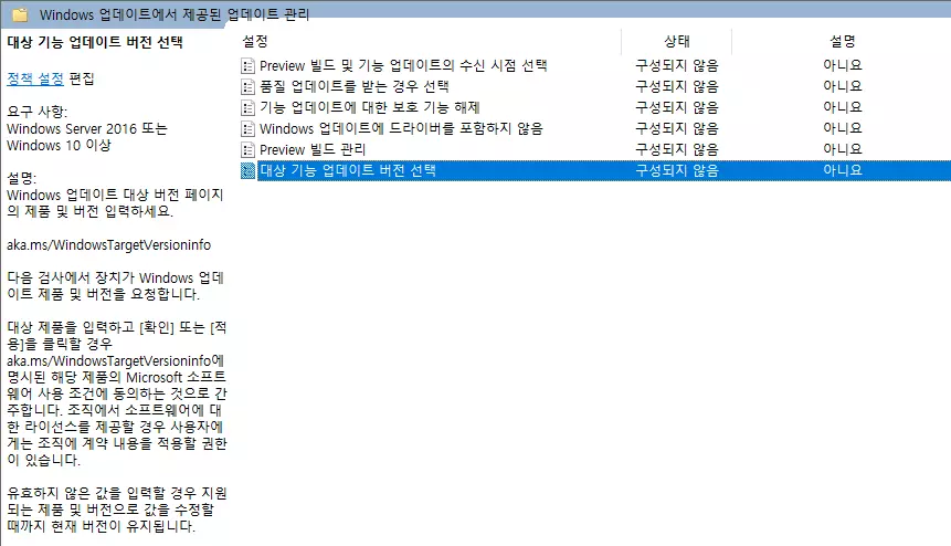 대상 기능 업데이트 버전 선택