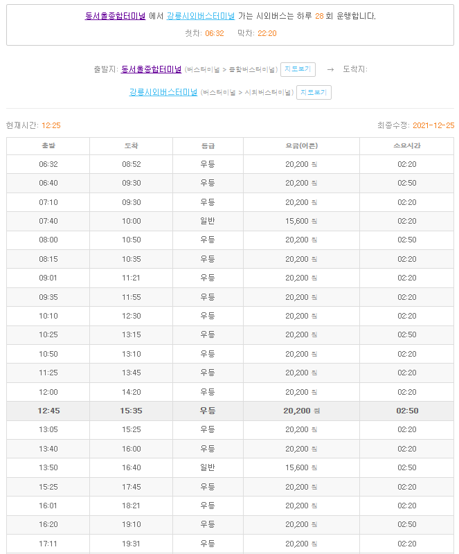 동서울터미널 강원도] 동서울터미널에서 강릉 주문진 덕구온천 양양 속초 정동진 정선 홍천 원통 대진 횡성 현리 양구 화천 춘천 인제  신철원 와수리 동송 원주 태백 영월 운행 시간표 및 요금