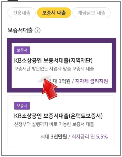 상주시-개인사업자대출-step4-KB소상공인보증서대출-메뉴선택