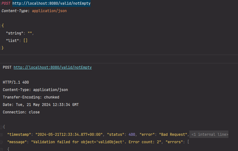 @NotEmpty RequestBody 값이 비어있을 때 유효성 검사 결과