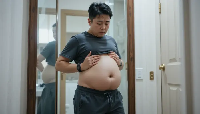 거울 앞에서 뱃살을 걱정하는 한국인 남성
