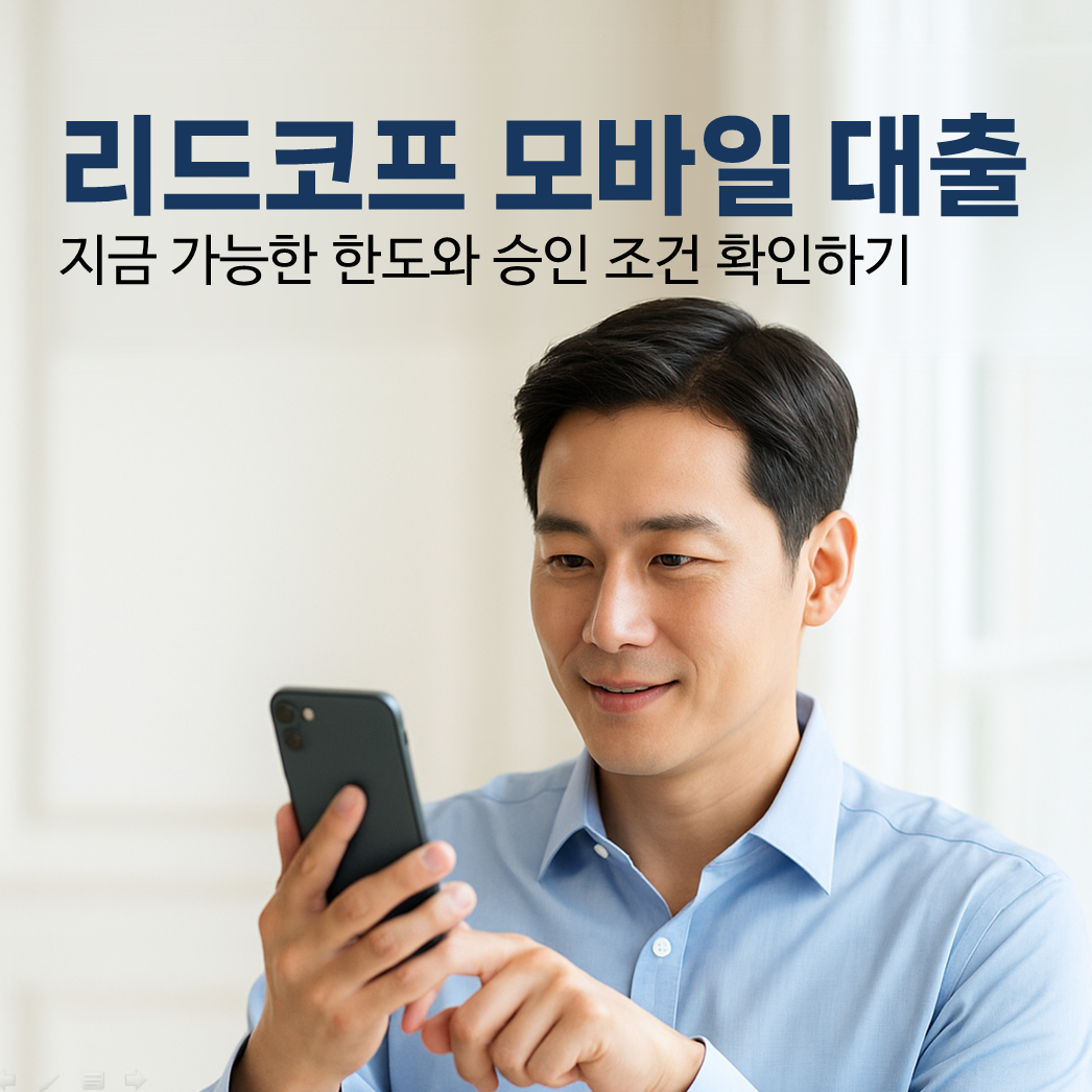 리드코프 모바일 대출 신청 과정을 설명하는 한국인 남성의 모습, 신뢰감 있는 표정과 함께 스마트폰을 사용하는 장면 – 대출 한도와 승인 조건 확인 메시지가 강조된 이미지