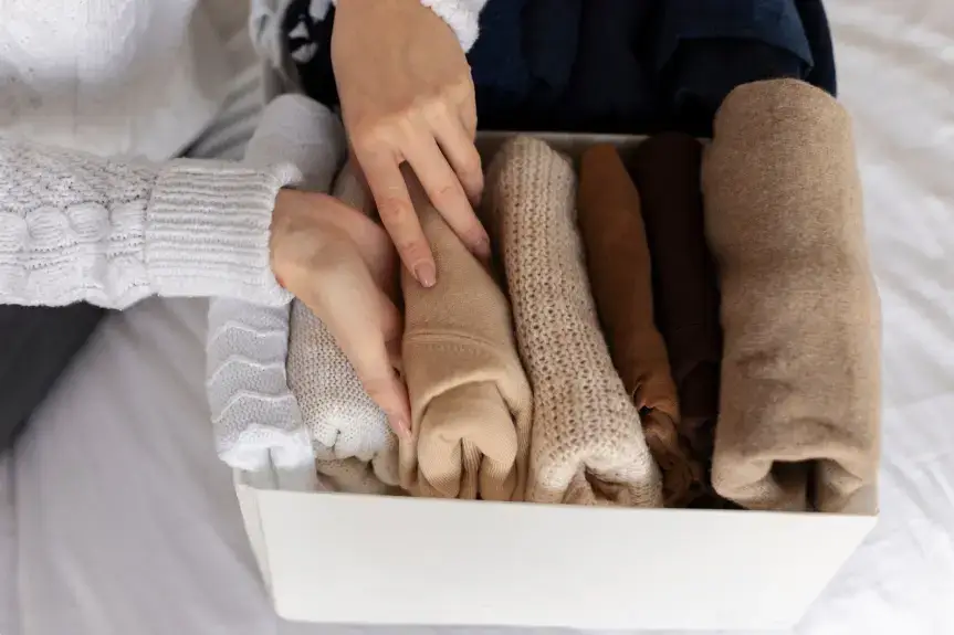 겨울 옷장 정리를 위해 니트류 의류를 컬러별로 정돈하여 상자에 보관하는 모습