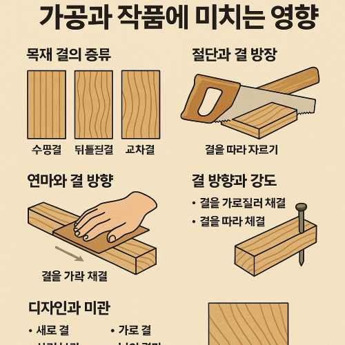 목재 결 방향이 가공과 작품에 미치는 영향을 설명하는 인포그래픽, 결의 종류, 절단, 연마, 강도, 디자인 요소를 도식화.
