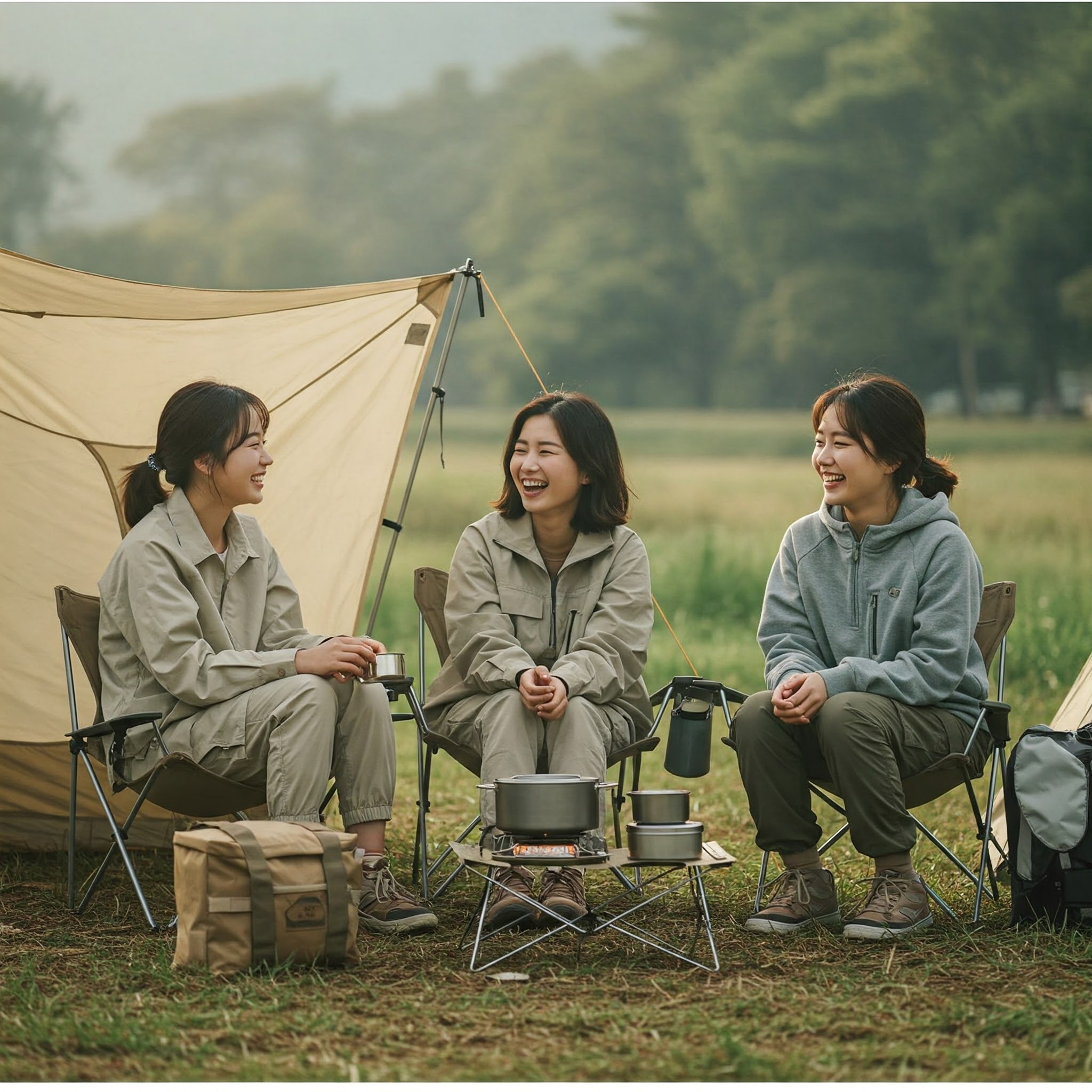 미니멀 캠핑을 하는중인 세명의 한국여성