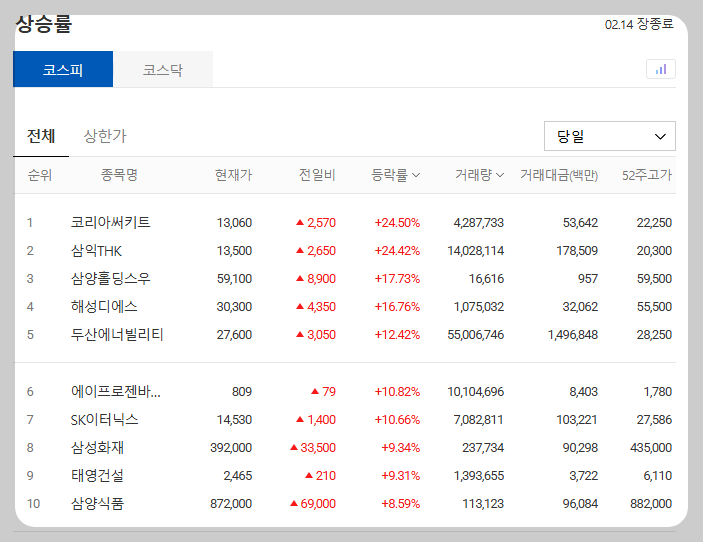 2025-02-14_오늘의주식시세_주요증시_주요테마_오늘의공시_코스피TOP10