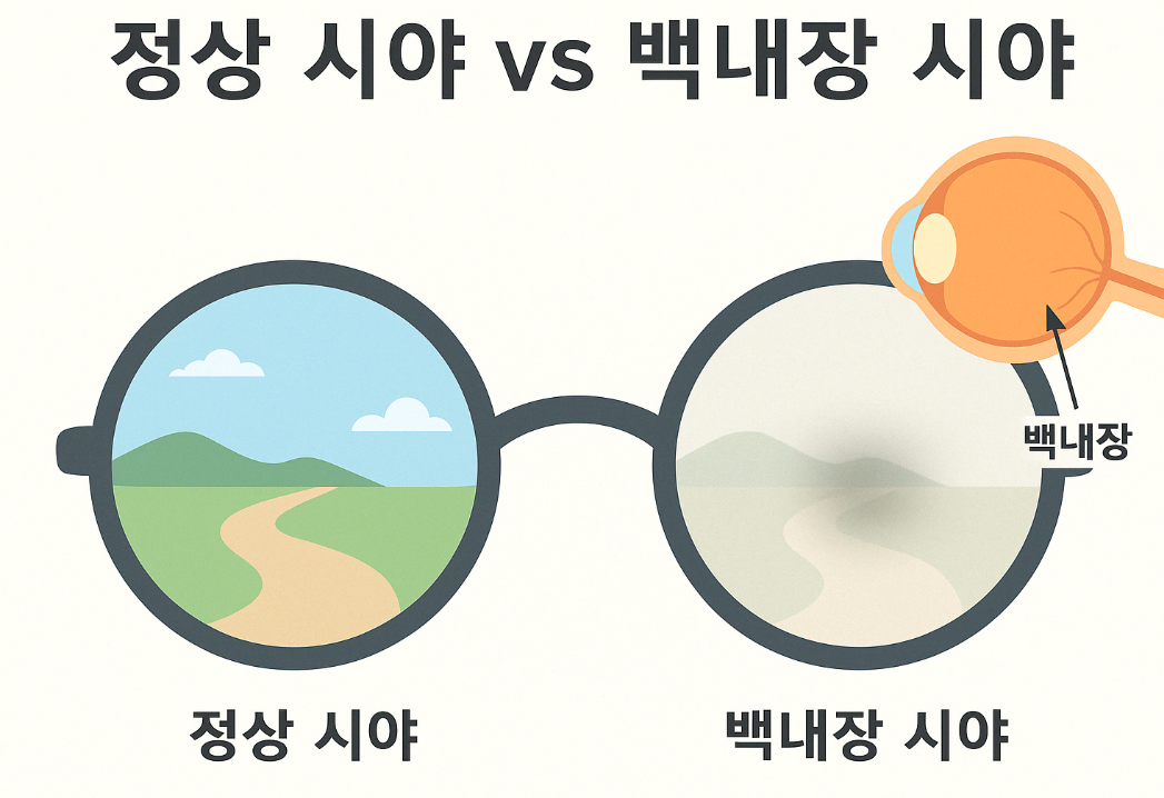 정상 시야와 백내장 시야를 비교한 이미지, 전체적으로 흐릿하고 뿌옇게 보이는 백내장 시야 표현