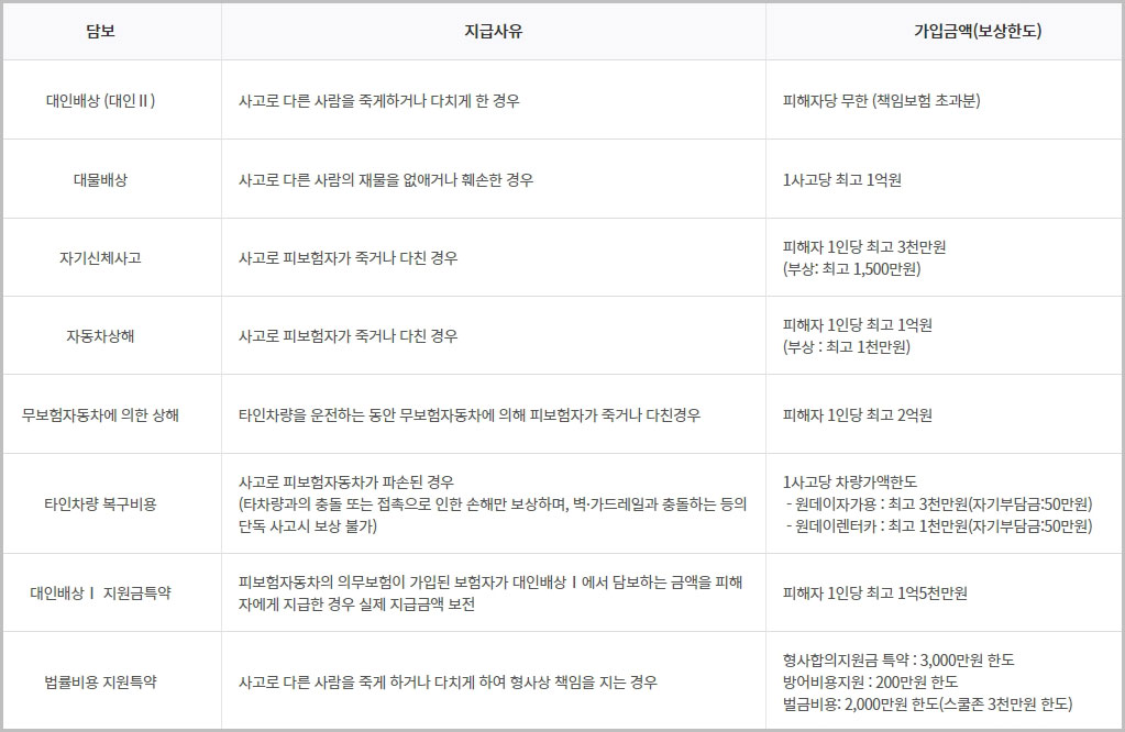 하나 원데이자동차보험 보장범위