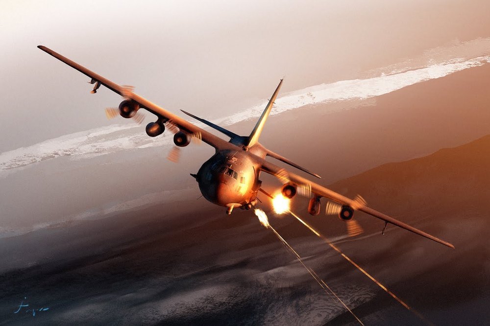 폭스포, 폭스포! 발칸포를 쏘고 있는 AC-130 허큘리스 건쉽.