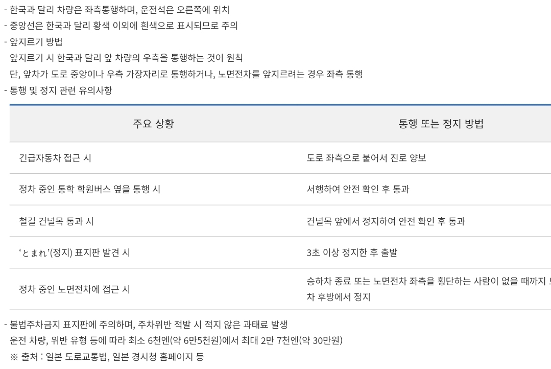 일본 여행 렌트 차량 운전 시 안전운전 유의사항