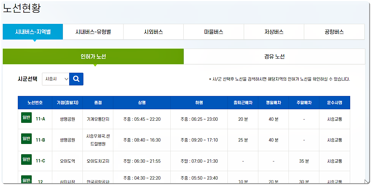 시흥 시내버스 시간표