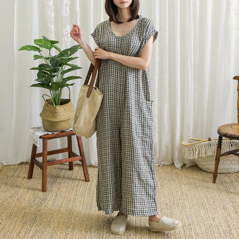내추럴가든 모노 체크 린넨 점프슈트