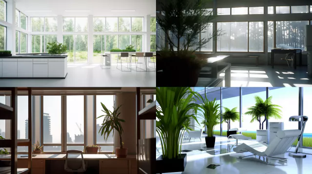 Interior Design&amp;#44; a perspective of a study&amp;#44; modernist&amp;#44; large windows with natural light&amp;#44; Light colors&amp;#44; plants&amp;#44; modern furniture&amp;#44; modern interior design --v 5 --ar 16:9 --chaos 50