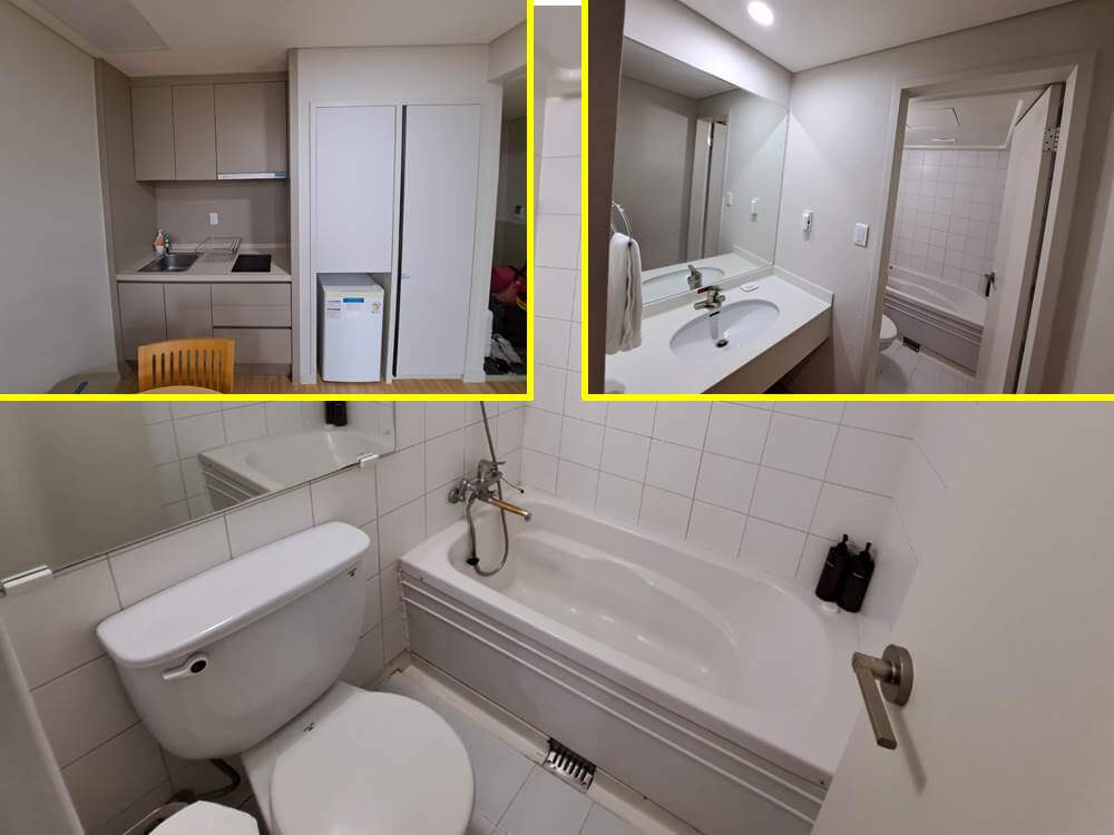 휘닉스 평창 콘도 오렌지동 룸 컨디션을 확인할 수 있는 촬영 두번째 이미지로 간단하게 조리할 수 있는 주방과 욕실 모습 촬영 이미지