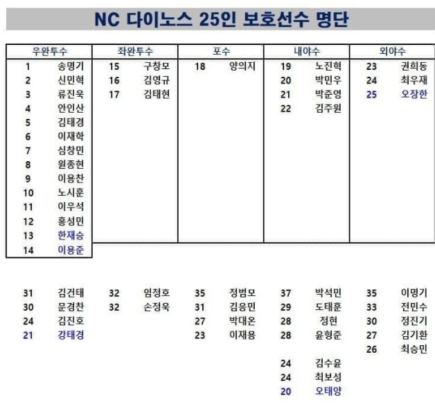 NC다이노스 25인 보호선수 명단