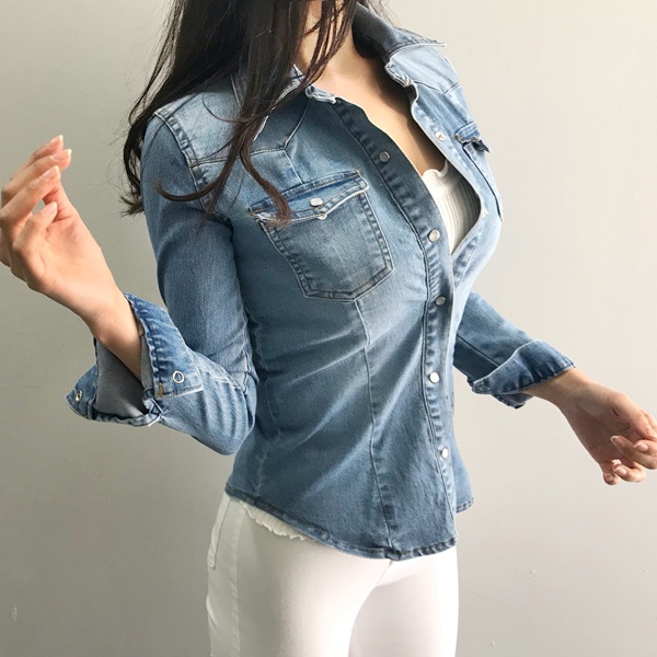 데님 스판 슬림핏 셔츠 여자 청남방 흑청S