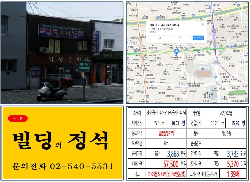  [중구 세운상가 10억 꼬마빌딩 실거래가 조회] 을지로4가 311-6 (을지로4가역) 5.75억 원, 평당 5,370만 원 매매되었습니다. 세운