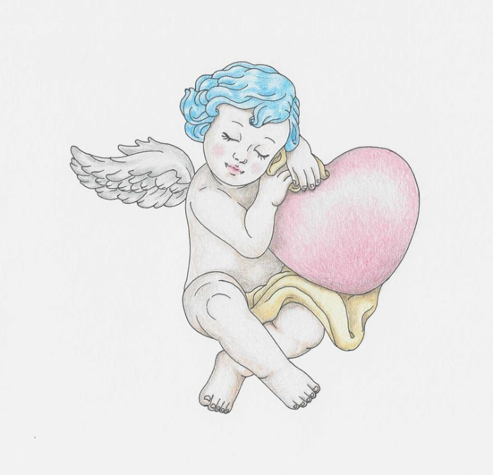 파란 곱슬머리와 은색의 작은 날개를 하고 분홍색 하트를 안고 잠이 든 아기천사 완성그림