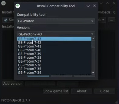 GE-Proton 최신버전 선택 화면